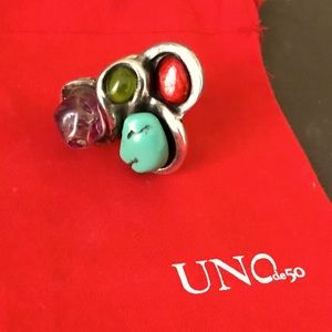 Uno de 50 Hocus Pocus 4 Multi Colored Stones Designer Ring Ladies Silver-tone